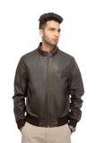 Leather bomber with knit rib
